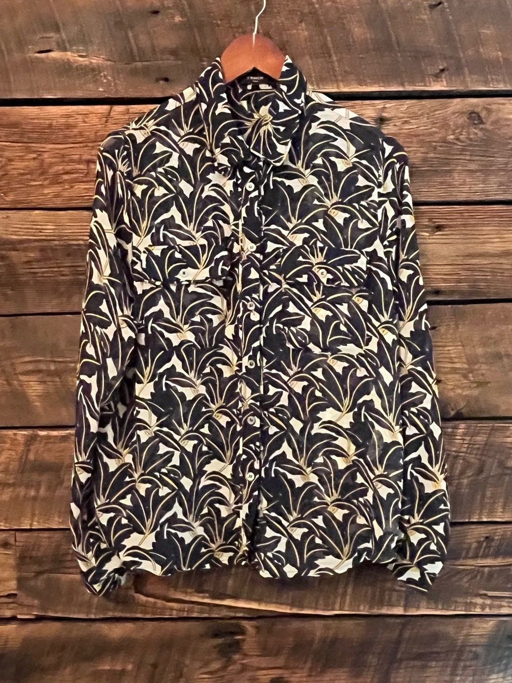 Frnch Paris botanical print long sleeve blouse career wear button front large